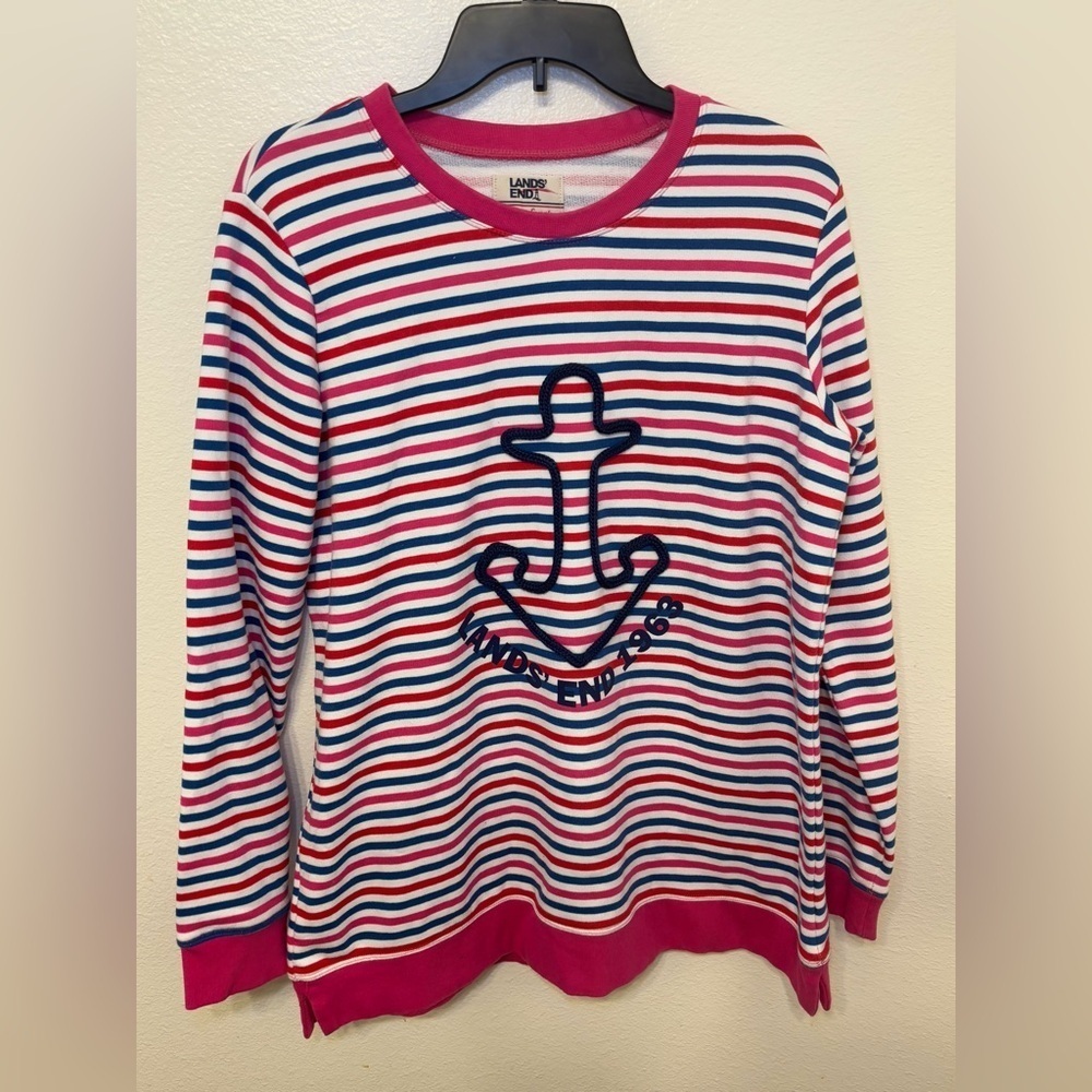 Lands' End Women's Anchor Striped Sweater - Pink and Blue - Picture 2 of 6